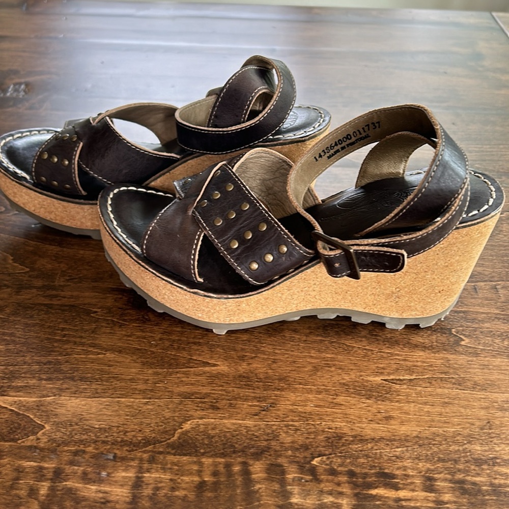 Fly London Brown Leather Wedge Sandals with Cork Platform - Picture 6 of 11